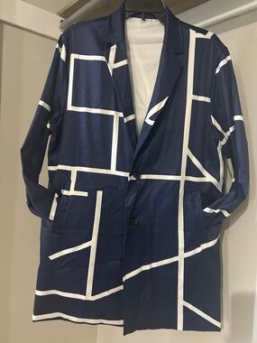 Men’s Navy Blue Geometric Long Blazer Jacket with White Grid M